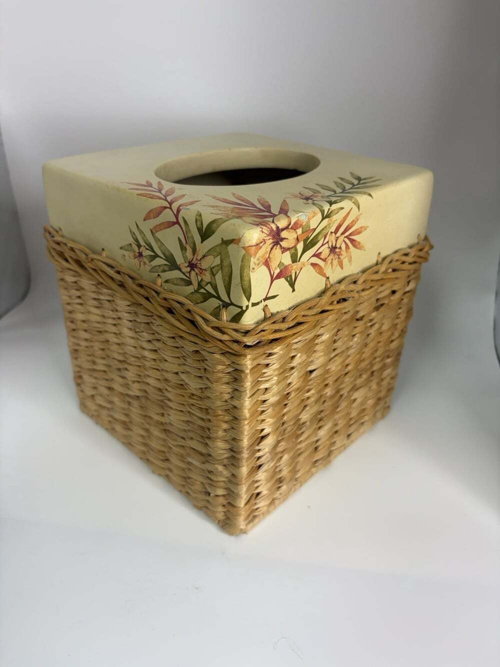 Vintage Ceramic Floral Wicker Tissue Box Cover